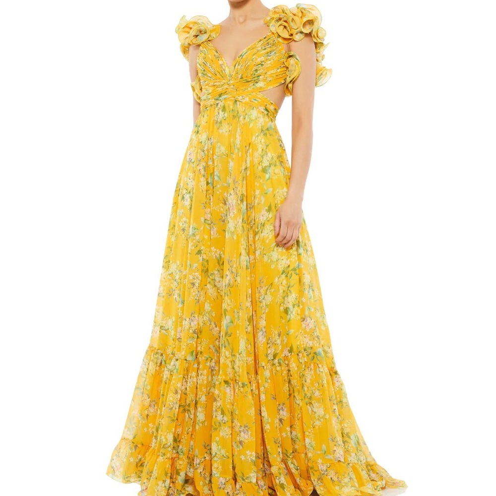Mac Duggal Yellow Ruffle Tiered Floral Cut Out Chiffon Gown